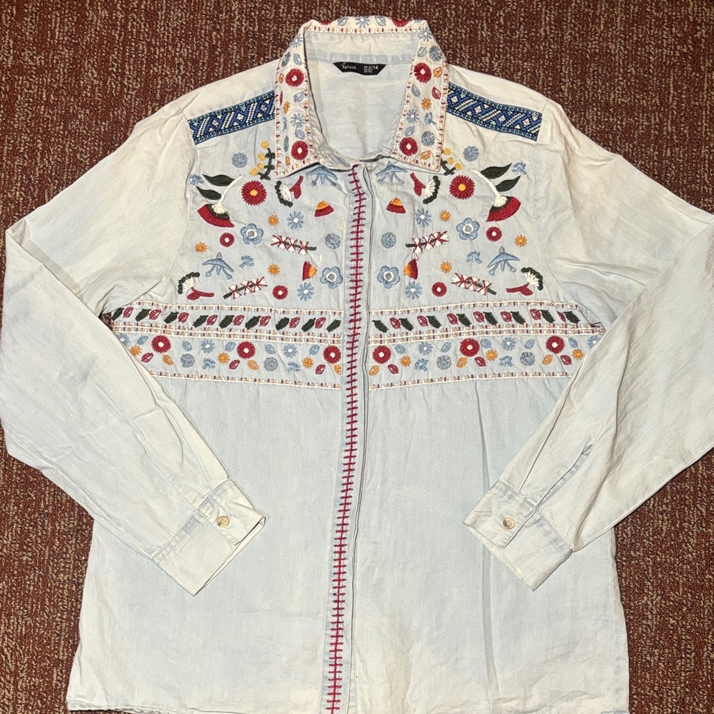 Splash embroidered floral denim long sleeve button down casual boho shirt 14